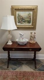 Mahogany Sofa/Foyer Table, large alabaster lamp, bowl and pitcher, and Pair of Bisque Figures/ Antique frame and print.