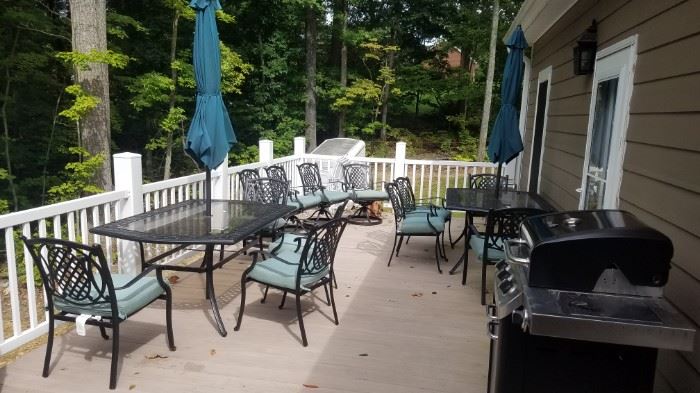 Two Patio Sets bought in 2017. Each have 4 Straight Chairs and 2 Spring Chairs with table snd Umbrella