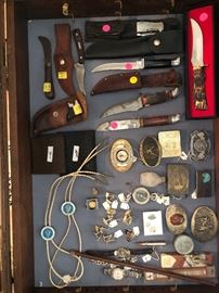 Various knives, belt buckles, bolo ties, cufflinks, money clips