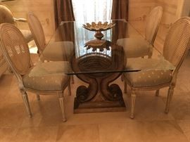 Custom glass table top (42 x72) ½ clear glass with flat polished edges, depth carved acanthus leaf design on all four corners with 2 pillar bases, 4  Medallion back Dining chairs, 2 Medallion back Dining Arm Chairs