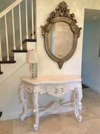 White  Sculpted Console table, Medallion shape mirror