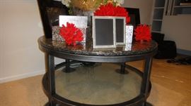 Marble top contemporary table, picture frames, Coral