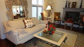 Coffee table w/ metal legs, (Matching console table), Lamontage Custom Designed area rug, Gorgeous Silk Sofa in cream color