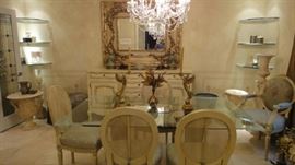 Custom glass table top (42 x72) ½ clear glass with flat polished edges, depth carved acanthus leaf design on all four corners with 2 pillar bases, 4  Medallion back Dining chairs, 2 Medallion back Dining Arm Chairs