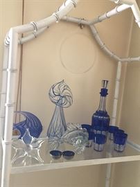 Cobalt decanter and glasses and art glass
