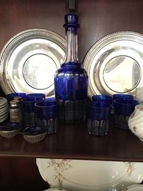 Sterling plates and cobalt decanter and 6 cups
