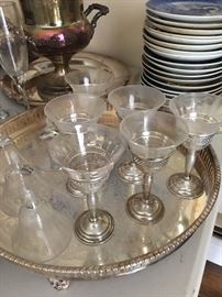 Lovely plated tray and sterling and crystal glasses