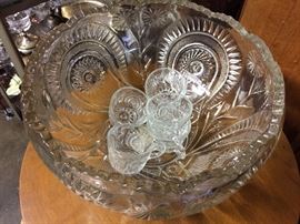 very large LE Smith Colony Pinwheel Star punch bowl set.  Has more cups than are shown.  Also have several other punch bowl sets.  Sandwich Glass & Milk Glass 