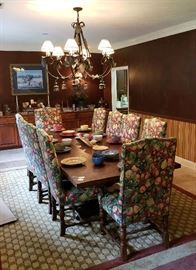 Large Solid Wood Farm House Style Table and 10 Chairs. Table & Chairs can be sold seperately