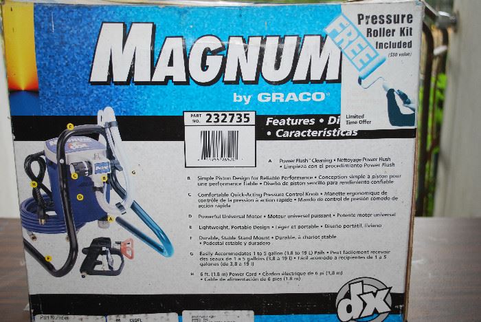 GRACO MAGNUM DX - NEVER USED - AIRLESS POINT APPLICATION SYSTEM - 1-5 GALLON PAILS - PART NUMBER: 232735 - 6-FT POWER CORD - 3/16" x 25' HOSE - INCLUDES PRESSURE ROLLER ATTACHMENT KIT