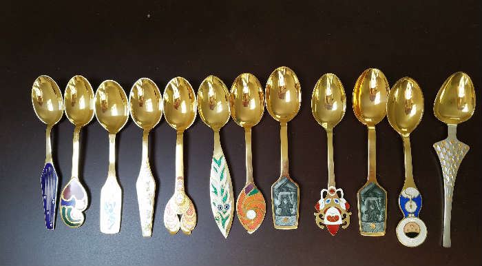 A. Michelson. Denmark. Large Enameled Silver Christmas spoons 