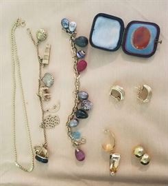 Gold earrings, charm bracelet, necklace and boxed stone