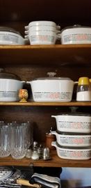 Corningware, a whole set with dishes, casserole dishes, glasses, coffee warmer and more 