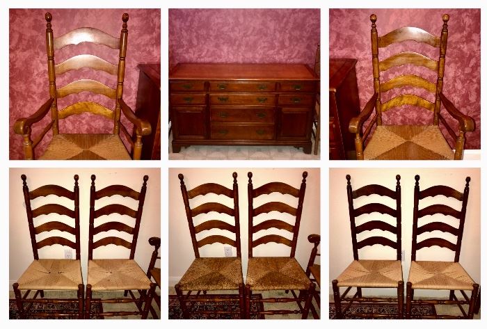 Drexel Cherry ladderback with rush seats
•2 arm chairs
•6 side chairs