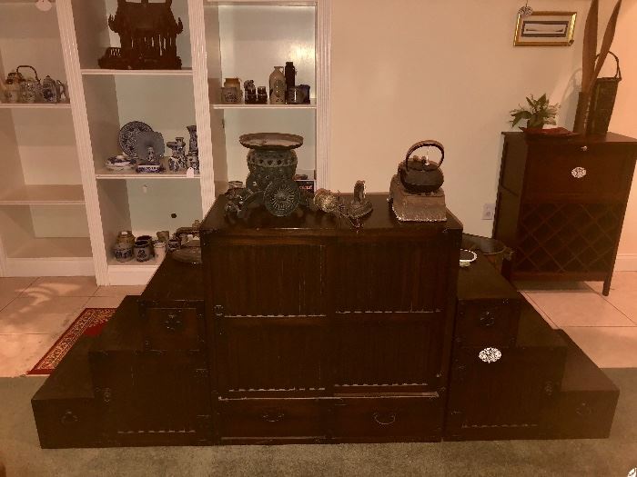 Antique Tansu table. Interchangeable pieces. Bookshelf, display, steps for storag3 and display.