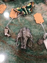 Sterling elephant pin, sterling enameled butterfly pin