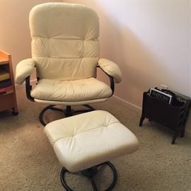 Creamy, comfy leather Scandinavian style chair + footstool