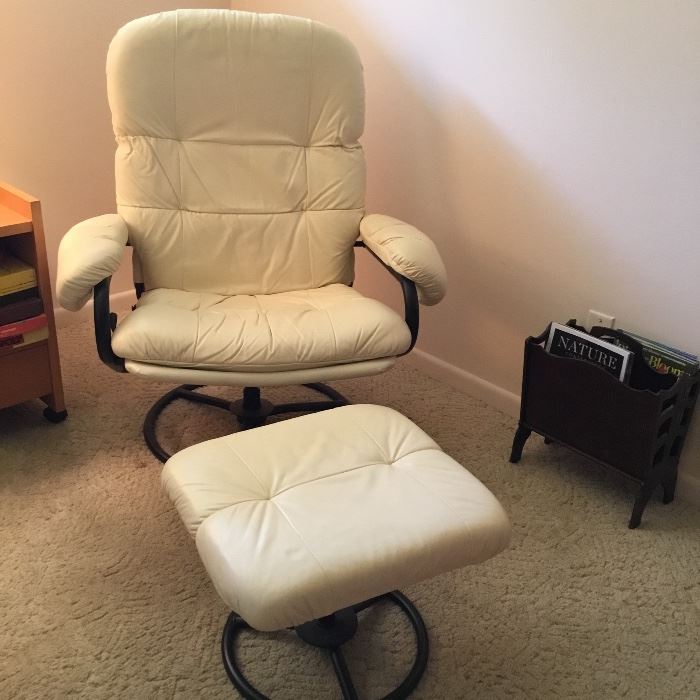 Creamy, comfy leather Scandinavian style chair + footstool
