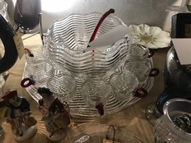 Vintage Duncan Miller "CARIBBEAN" Clear And Ruby Glass Punch Bowl Set With Ladle