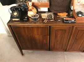 Vintage 1960's Mid Century Walnut Bedroom Set ~ Dresser With Folding Doors And Two Wall Mirrors, Chest Of Drawers With Folding Doors, Two Nightstands And KING Headboard ~ Dresser Needs A Little TLC