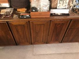 Vintage 1960's Mid Century Walnut Bedroom Set ~ Dresser With Folding Doors And Two Wall Mirrors, Chest Of Drawers With Folding Doors, Two Nightstands And KING Headboard ~ Dresser Needs A Little TLC