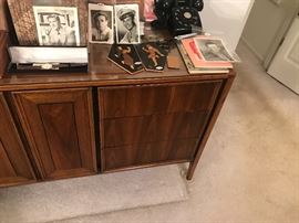 Vintage 1960's Mid Century Walnut Bedroom Set ~ Dresser With Folding Doors And Two Wall Mirrors, Chest Of Drawers With Folding Doors, Two Nightstands And KING Headboard ~ Dresser Needs A Little TLC