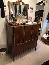 Vintage 1960's Mid Century Walnut Bedroom Set ~ Dresser With Folding Doors And Two Wall Mirrors, Chest Of Drawers With Folding Doors, Two Nightstands And KING Headboard ~ Dresser Needs A Little TLC