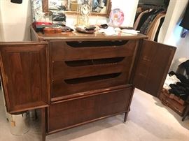 Vintage 1960's Mid Century Walnut Bedroom Set ~ Dresser With Folding Doors And Two Wall Mirrors, Chest Of Drawers With Folding Doors, Two Nightstands And KING Headboard ~ Dresser Needs A Little TLC