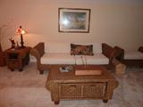 Rattan sofa, coffee table, end table, bench
