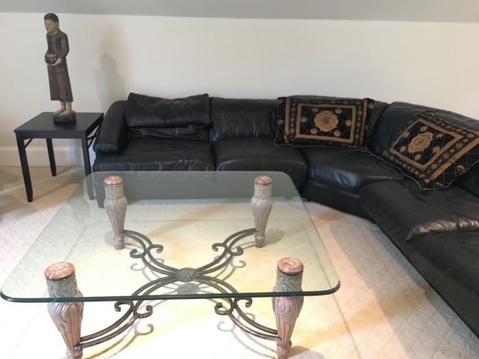 Italian Renaissance Cocktail Table from Jeffco, Hand Forged Wrought Iron Stretcher with Carved Legs, Versace Throw Pillows