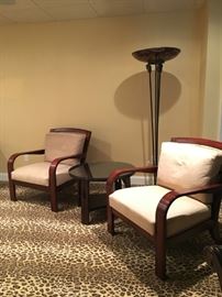 Rattan Back and Seat Mahogany Armchairs with Down Cushions 