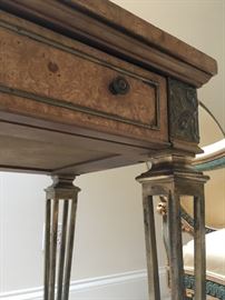 Burled Two Drawer Desk with Brass Legs and Griffin Detail 