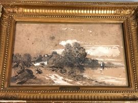 Lot 12 EUGENE DESHAYES Charcoal  White Goache Landscape