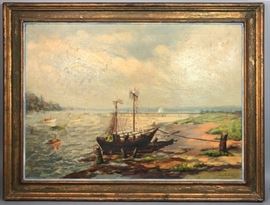 Lot 82 GEORGE BELINE 1929 Oil Painting on Canvas. Boat