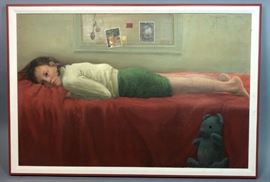 Lot 91 Oil painting on canvas, child lying on bed