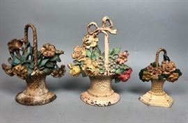 Lot 120 3 Cast Iron Vintage Flower Basket Door Stops. Pol