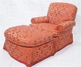 Lot 129 BAKER Upholstered Rolled Arm Chair  Ottoman. Red