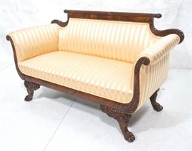 Lot 144 Carved Wood Settee Apricot Striped Fabric. Carved