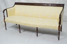 Lot 149 Carved Damask Upholstered Sofa Couch. Fluted carv
