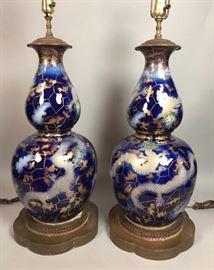 Lot 150 Pr Large Cobalt Blue Glazed Chinese Dragon Lamps.
