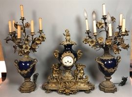 Lot 151 3pc Cobalt Blue Gilt Bronze Clock Girandole Set. 