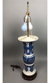Lot 178 Blue  White Porcelain Asian Table Lamp. Tall fl
