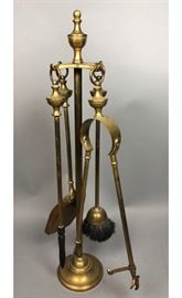 Lot 196 Antique Brass Fireplace Tools on Stand. 4 tools o