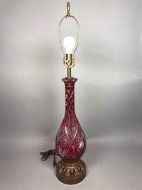 Lot 205 Cranberry cut to clear Etched Glass Table Lamp. L