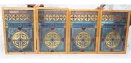 Lot 236 4 Leaded Stained Glass Wood Framed Windows. Round