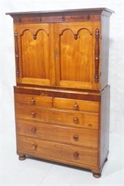 Lot 239 Antique 2 Part Linen Press. Cherry cabinet with c