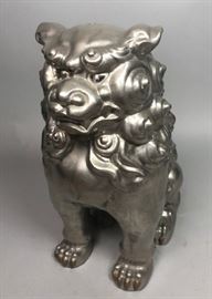 Lot 262 Silver Metal Figural Foo Dog Sculpture. Applied b