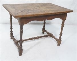 Lot 301 Antique Country Farm Table. Carved spindle legs a