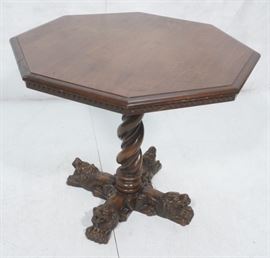 Lot 305 Octagonal Wood Table Carved Lion Base. Twisted ba