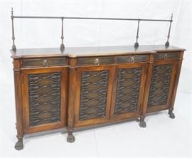Lot 315 Large Leather Top Wood Cabinet Side Board. 4 draw